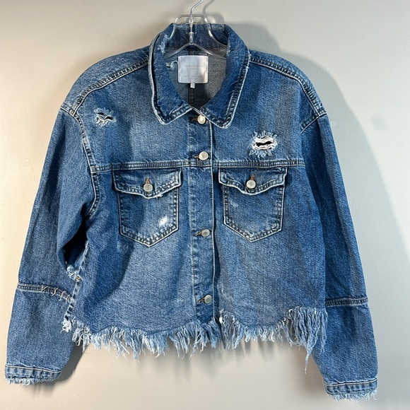 Zara Womens Distressed Denim Medium Wash High Low Jean Jacket Size Small Western - Picture 5 of 16